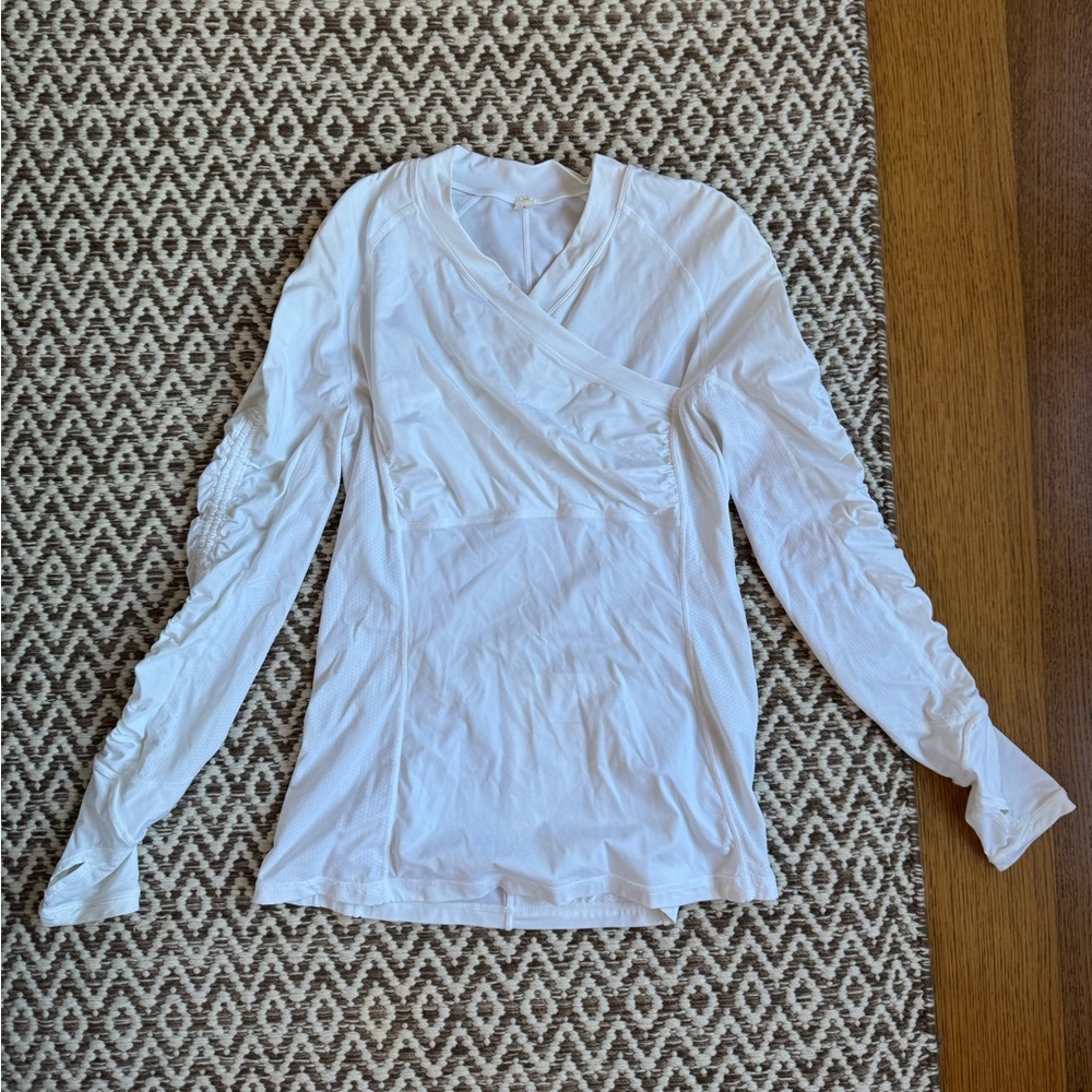 Lululemon White Long Sleeve Top with Wrap Front and Ruched Arm Detail